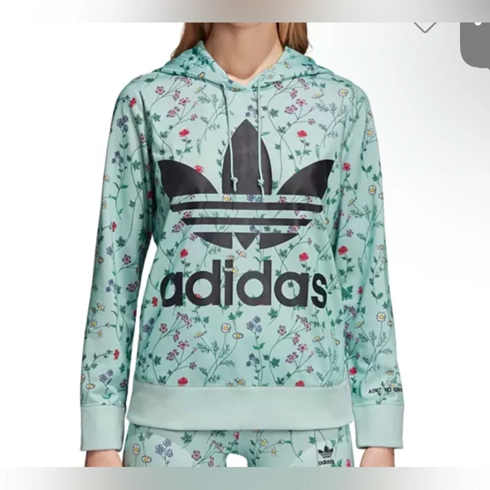 Adidas Floral Print Logo Hooded Sweatshirt Hoodie Green Floral Size Medium - Picture 16 of 16